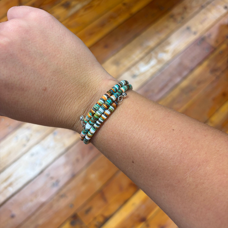 Turquoise & Spiny Oyster Heishi Memory Wire Bracelet