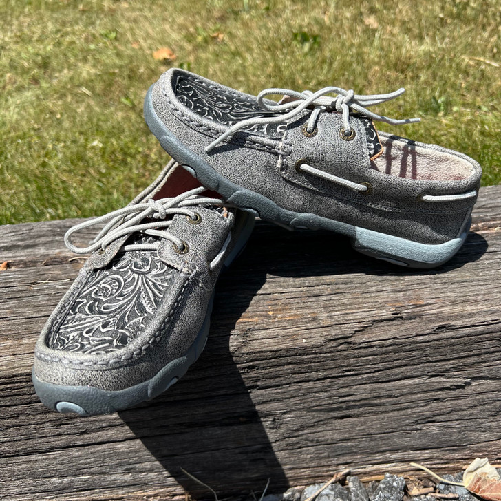 Twisted X Women's Grey Tooled Boat Shoe Driving Moc WDM0130