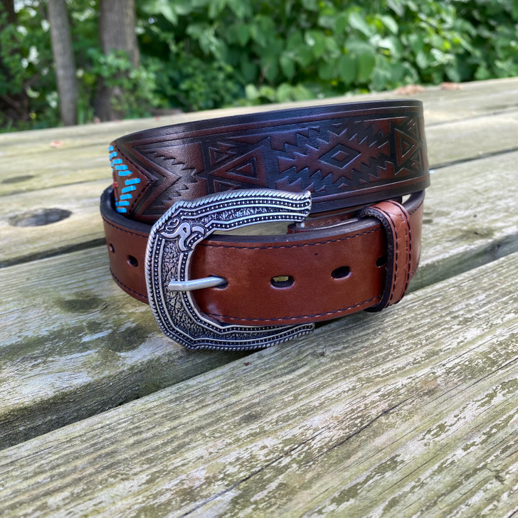 Hooey Choctaw Roughy Aztec Embossed Belt with Turquoise and Red Lacing RMBLT015