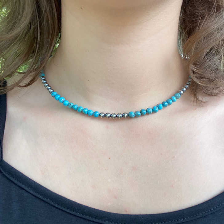 Genuine Navajo Silver and Turquoise Nugget Choker Necklace CHO-NAV-031-TUR