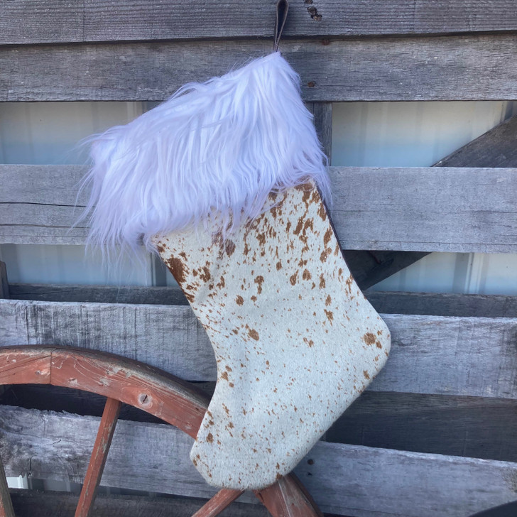 Handmade Brown and White Shaggy Cowhide Christmas Stocking BrWhStock