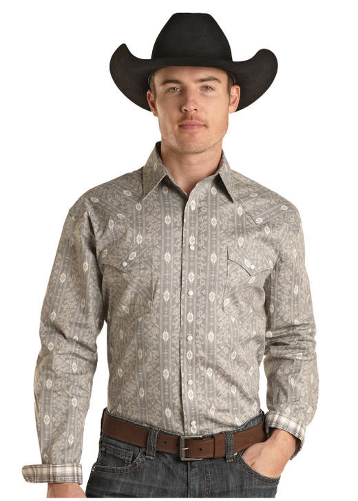 Panhandle Rough Stock Men's Grey Aztec Long Sleeve Snap Shirt ...