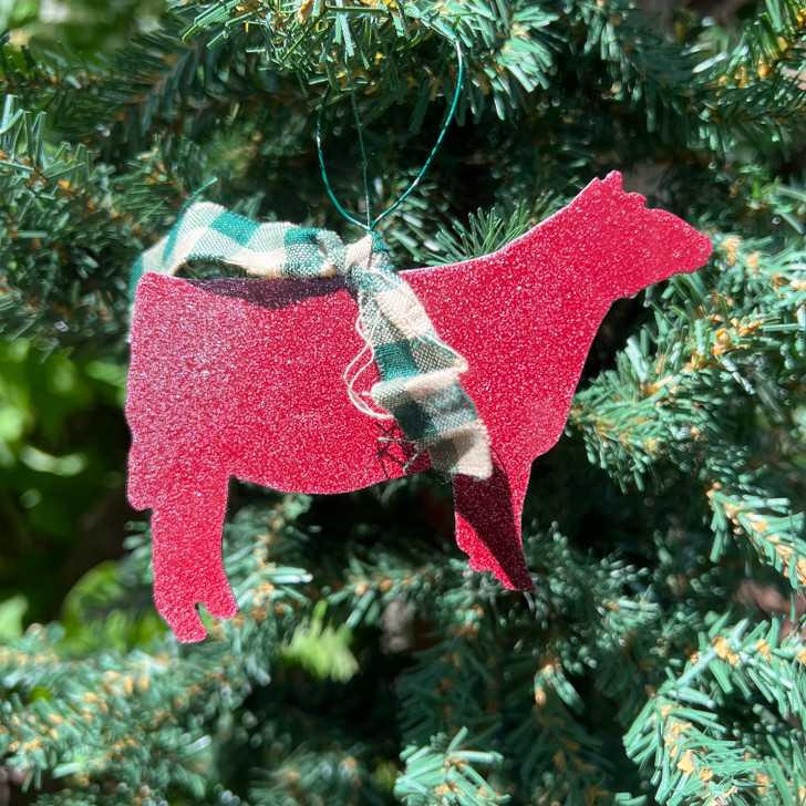 Maroon Metal Heifer Ornament with Green Plaid Ribbon 155698