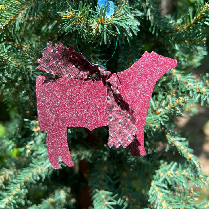 Maroon Metal Steer Ornament with Red Pattern Ribbon 155703