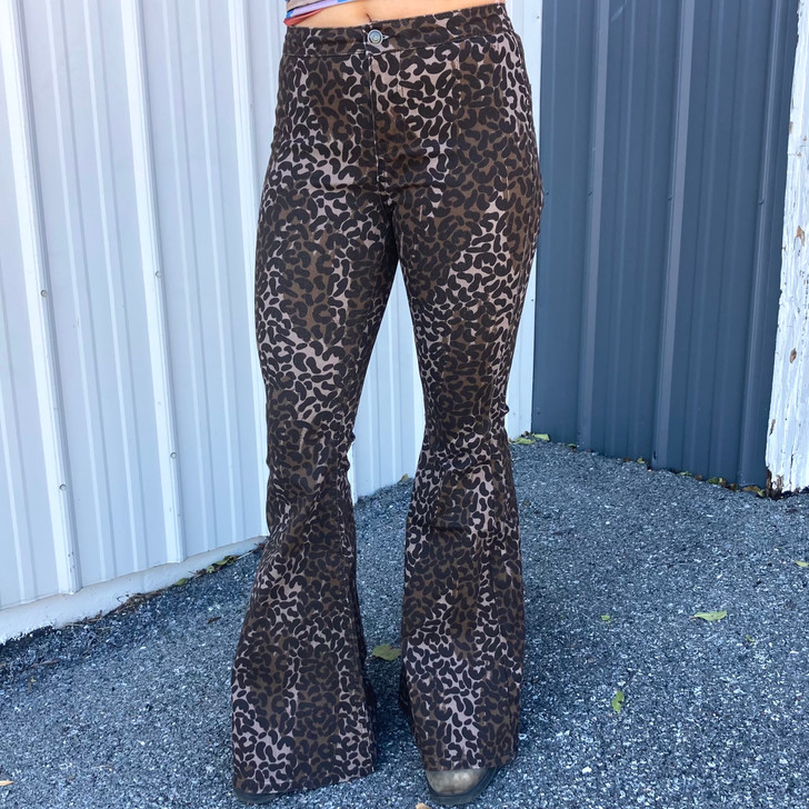 Rock & Roll Ladies Chocolate Cheetah High Rise Bell Bottom Jeans RRWD7PR0FG