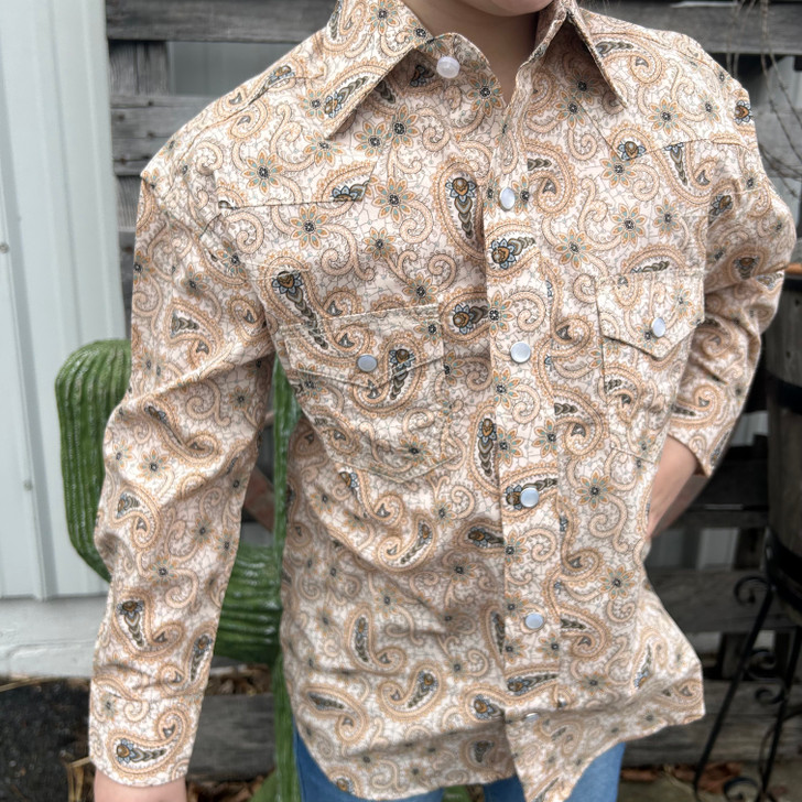 Rock & Roll Boy's Long Sleeve Brown Paisley Vintage 46 Snap Shirt RRBSOSR0QA