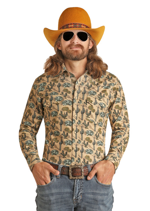Rock & Roll Dale Brisby Long Sleeve Tan Cactus Print Snap Shirt RRMSOSR0RK