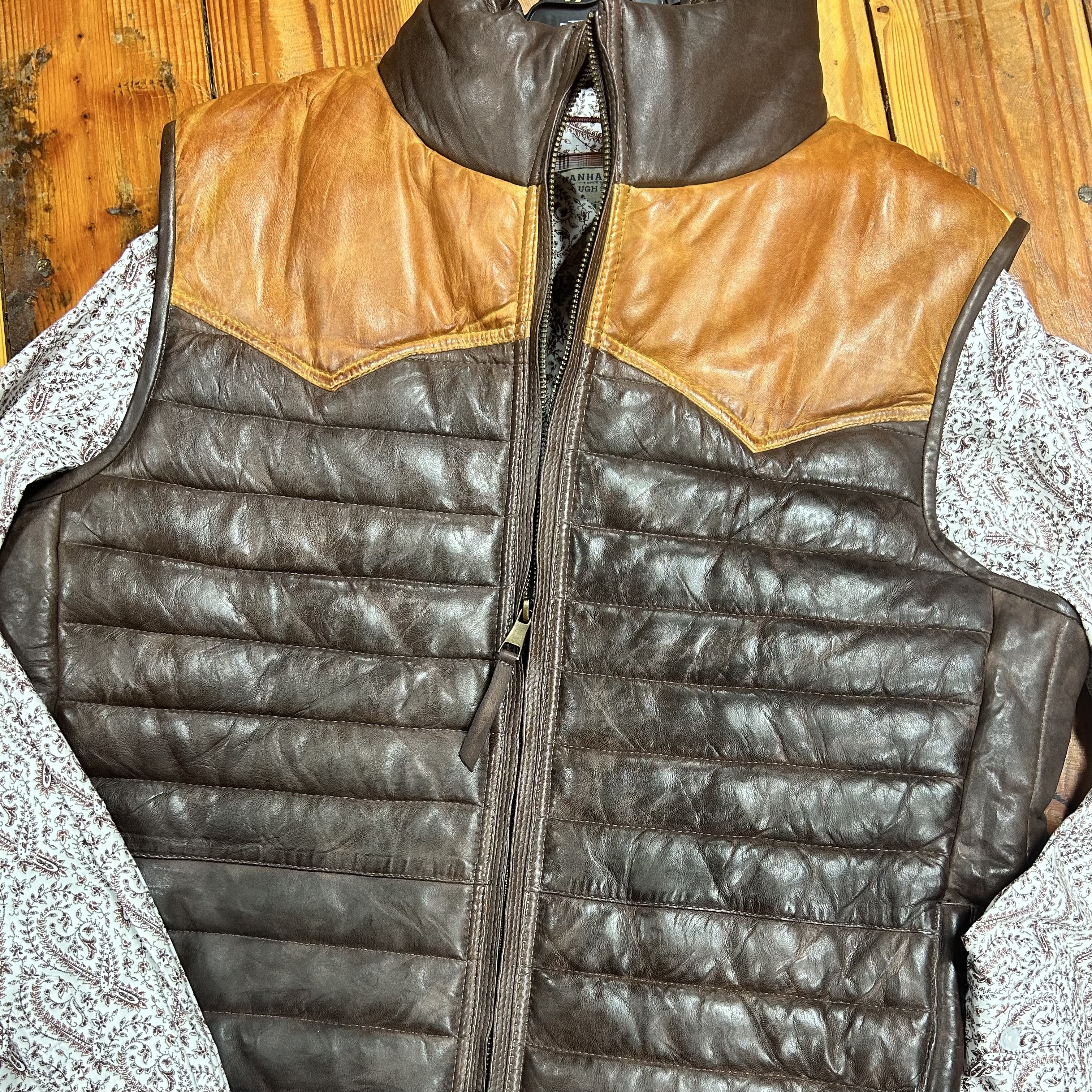 トップス NUTEMPEROR PU LEATHER PUFFER DOWN VEST Vintage Leather Puffer Vest | Outdoor Vest | Buffalo Jackson