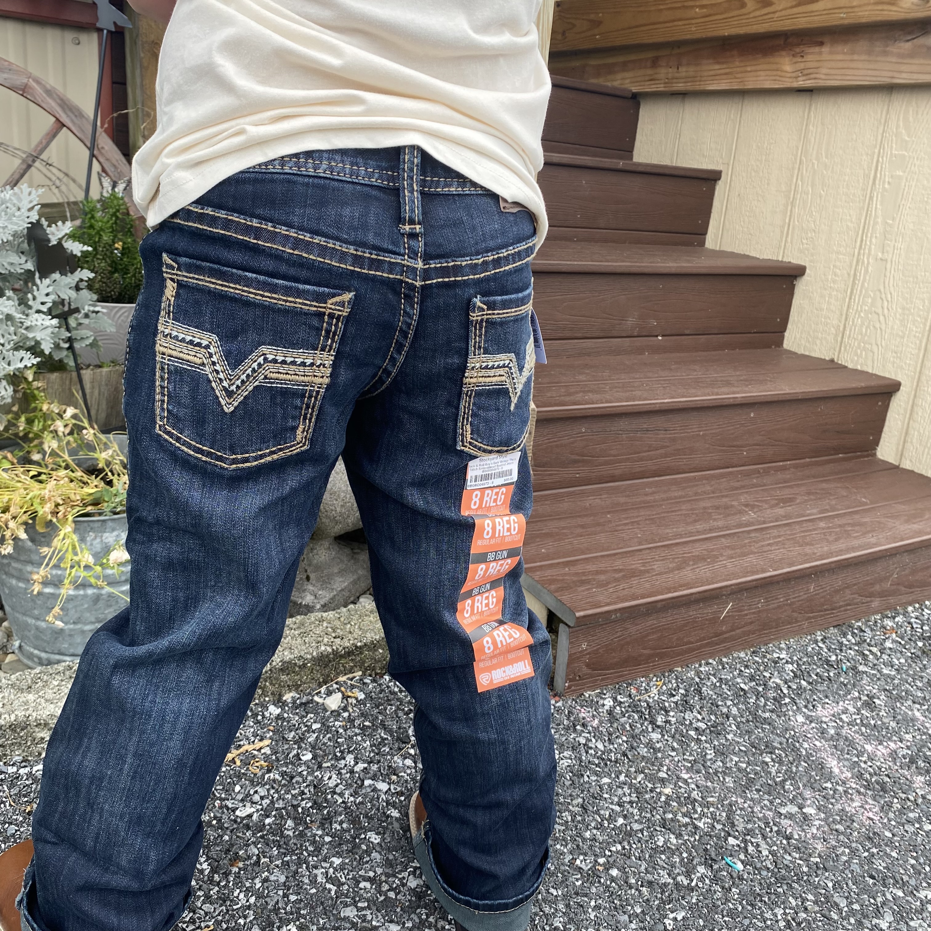 Rock Roll Boy's Dark Vintage Thick Stitch Embroidered Bootcut