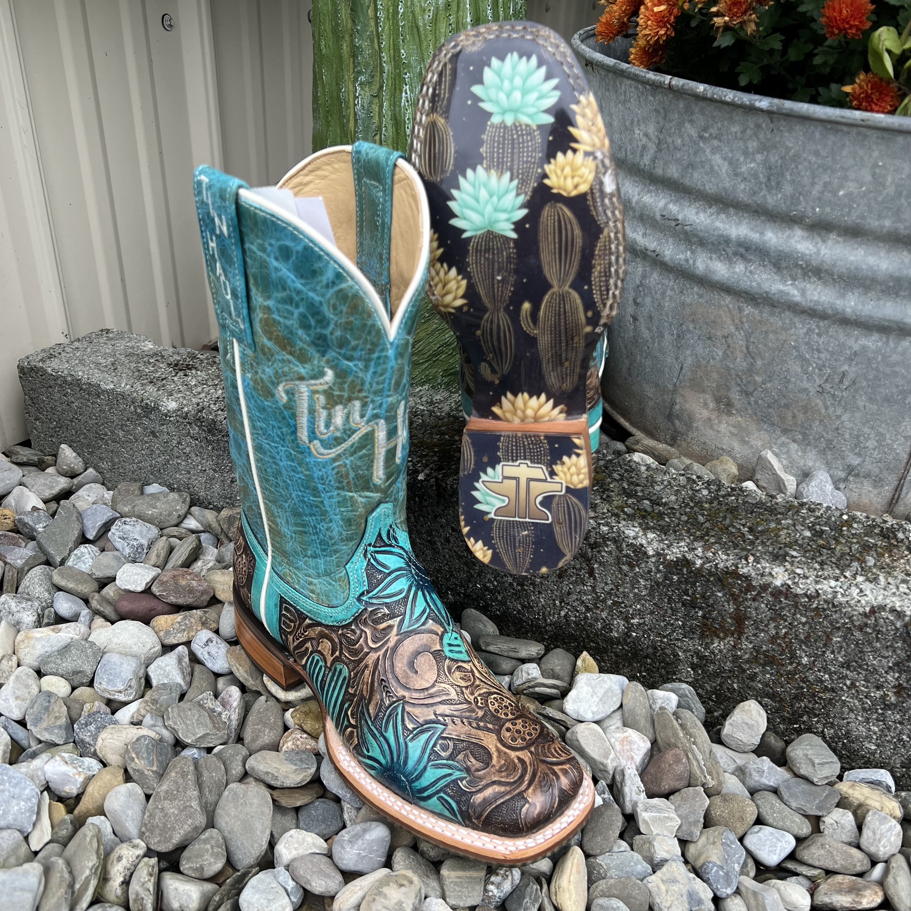 Tin Haul Women's Cactus Flower Tooled Square Toe Boot 14-021-0007