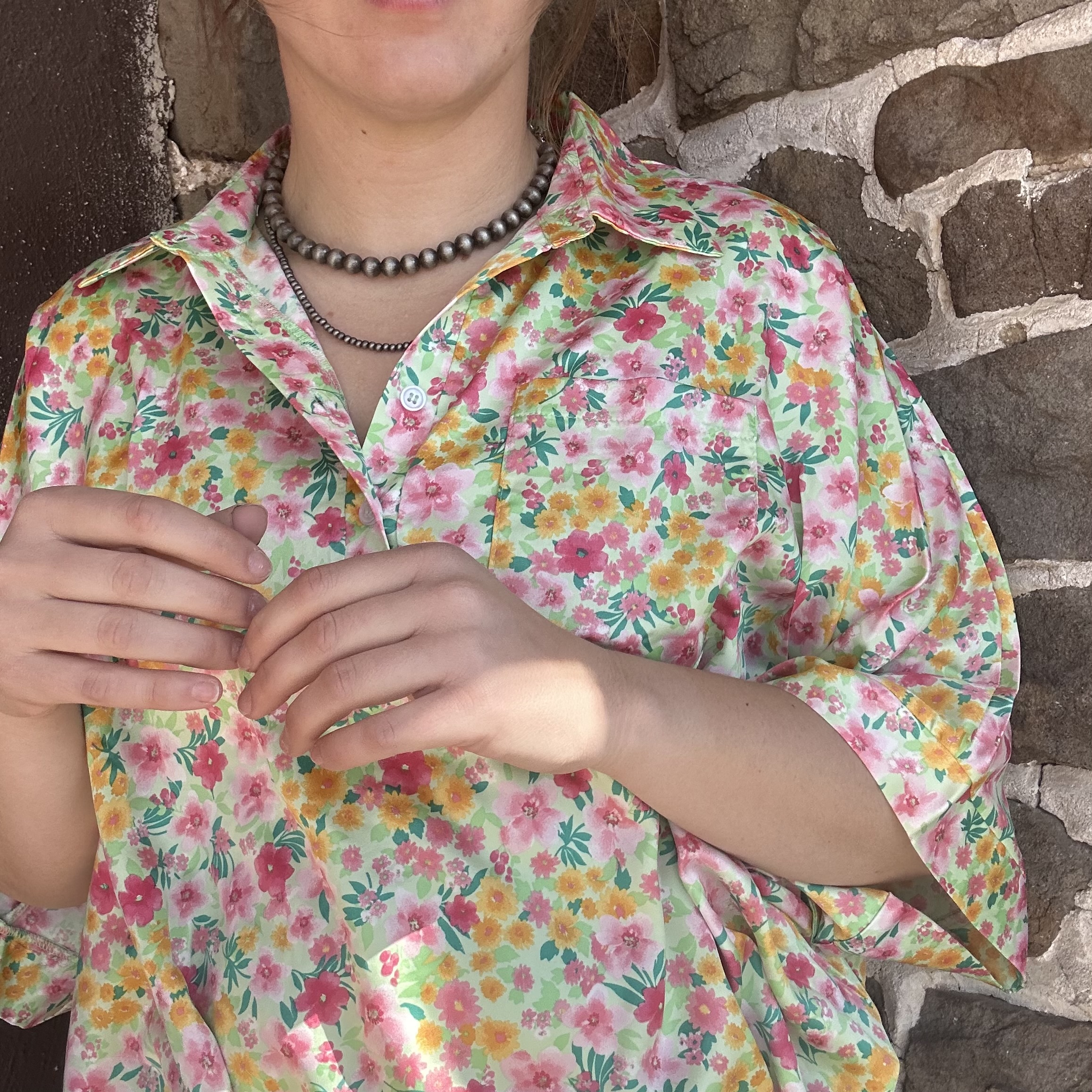 Size M/L Ladies Emily Wonder Mint Floral Silky Collared Blouse