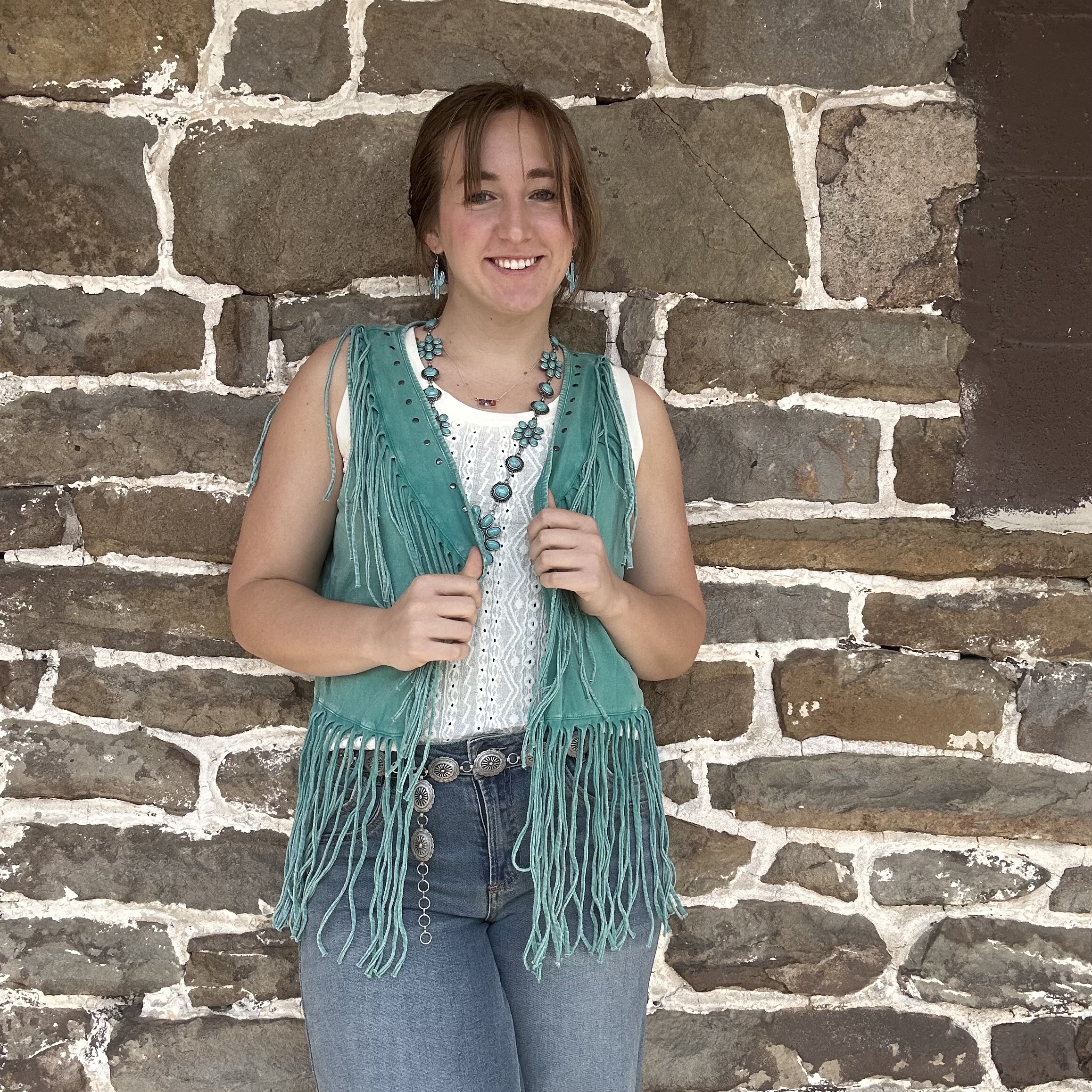 Panhandle Ladies Turquoise Fringe Studded Vest LW98T06367