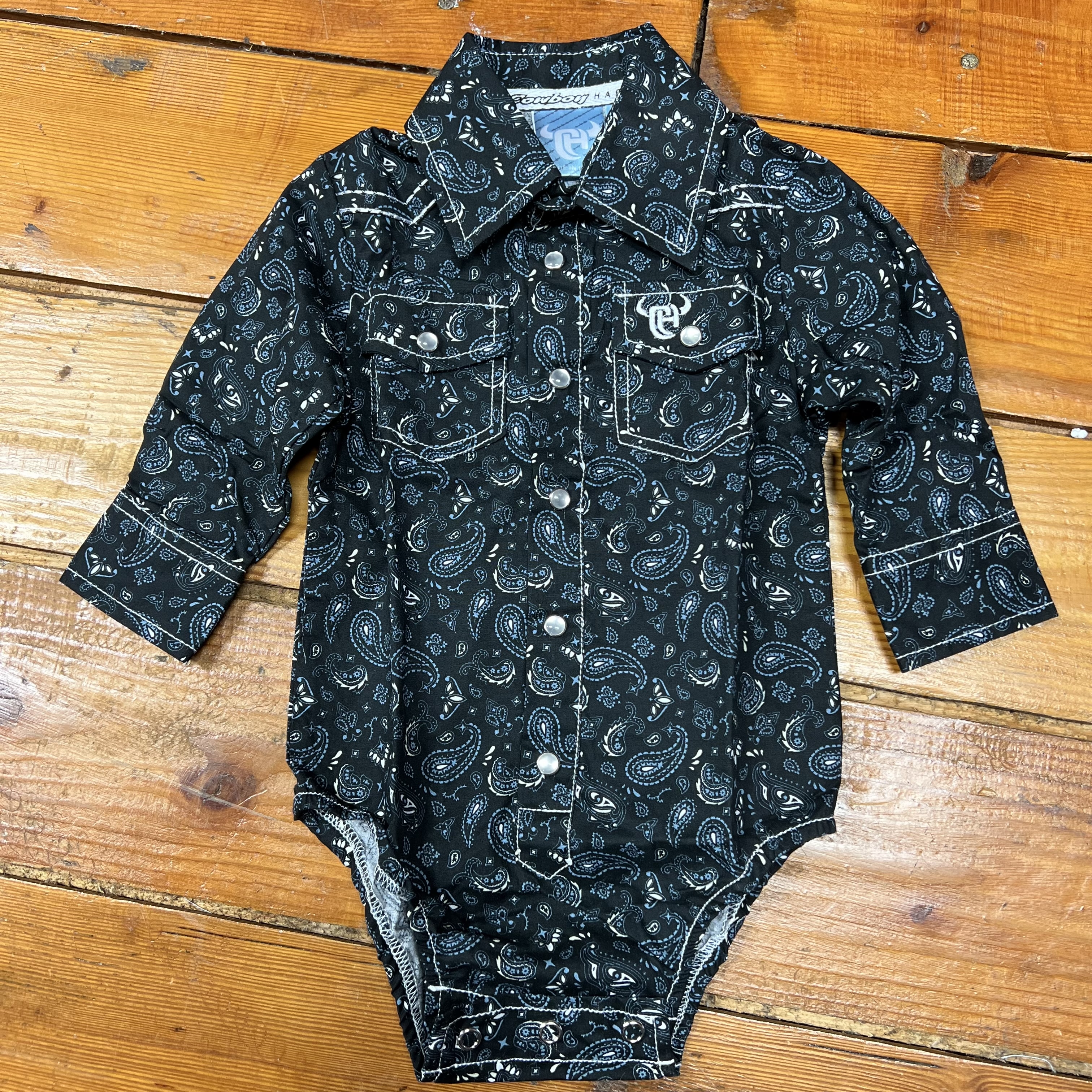 Cowboy Hardware Infant Black Paisley Long Sleeve Snap Onesie