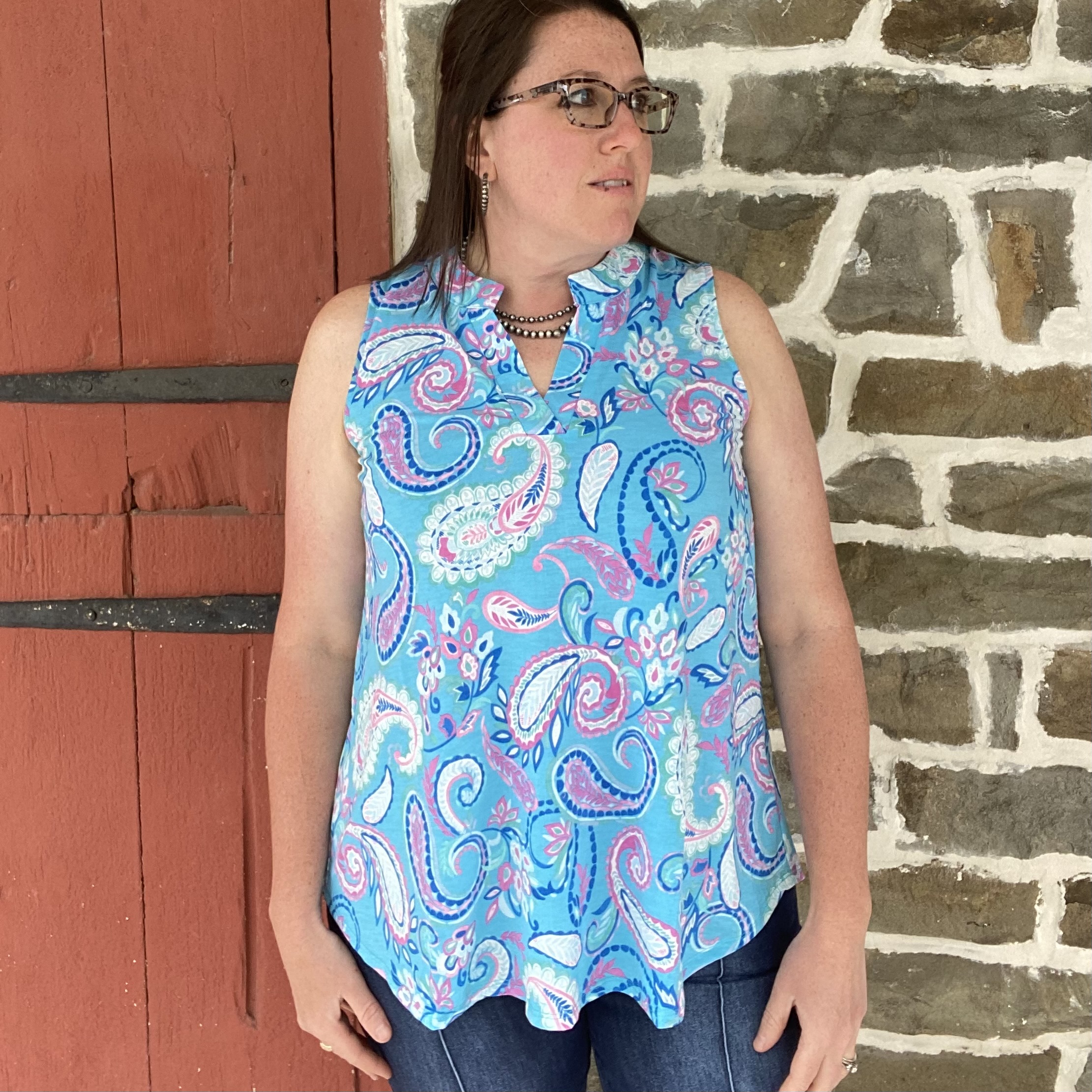 m*6様 A VACATION TANK PAISLEY BLUE Ladies Aqua Bright & Breezy Paisley Everyday Tank - Stockyard Style