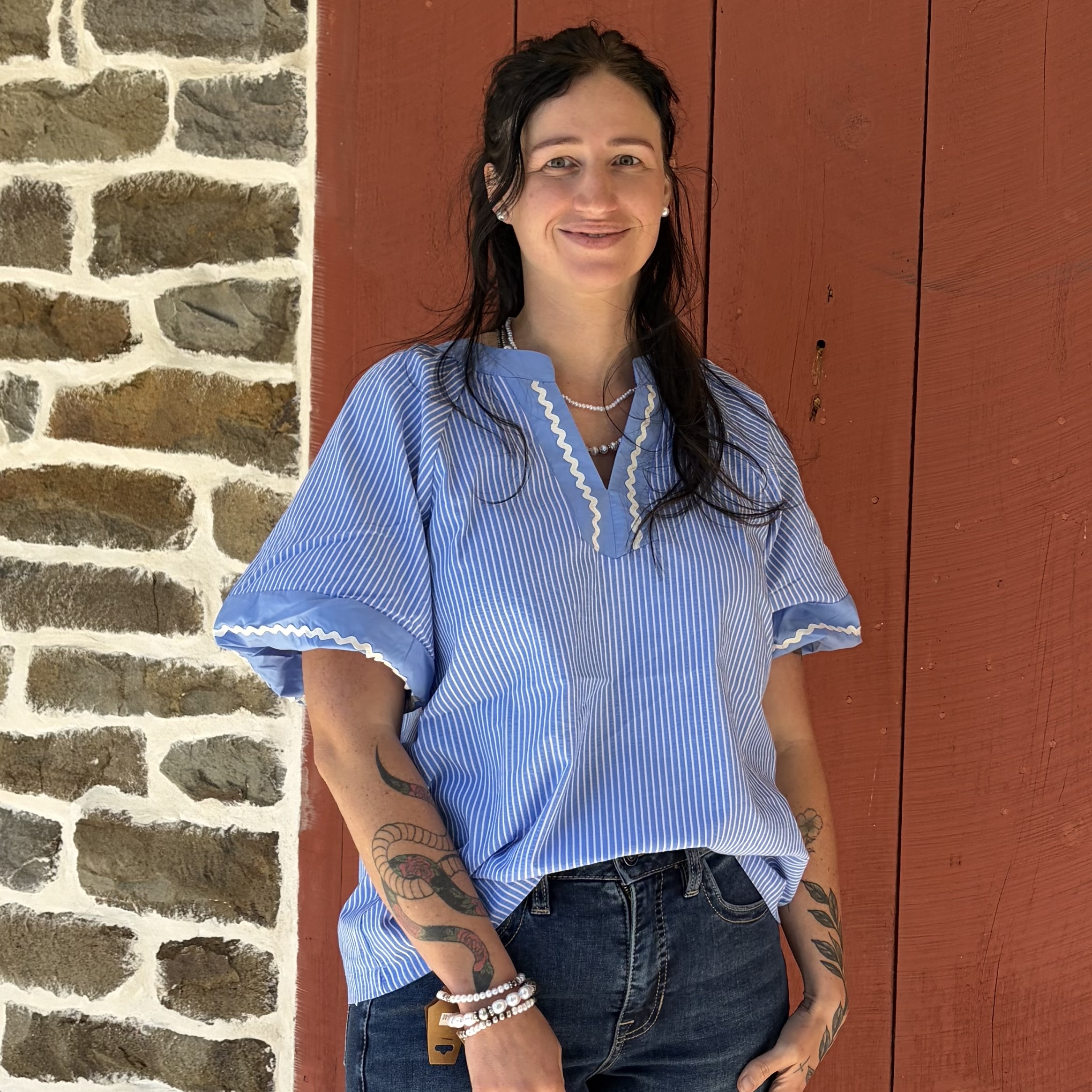 Ladies Blue Striped Puff Short Sleeve Blouse - Stockyard Style