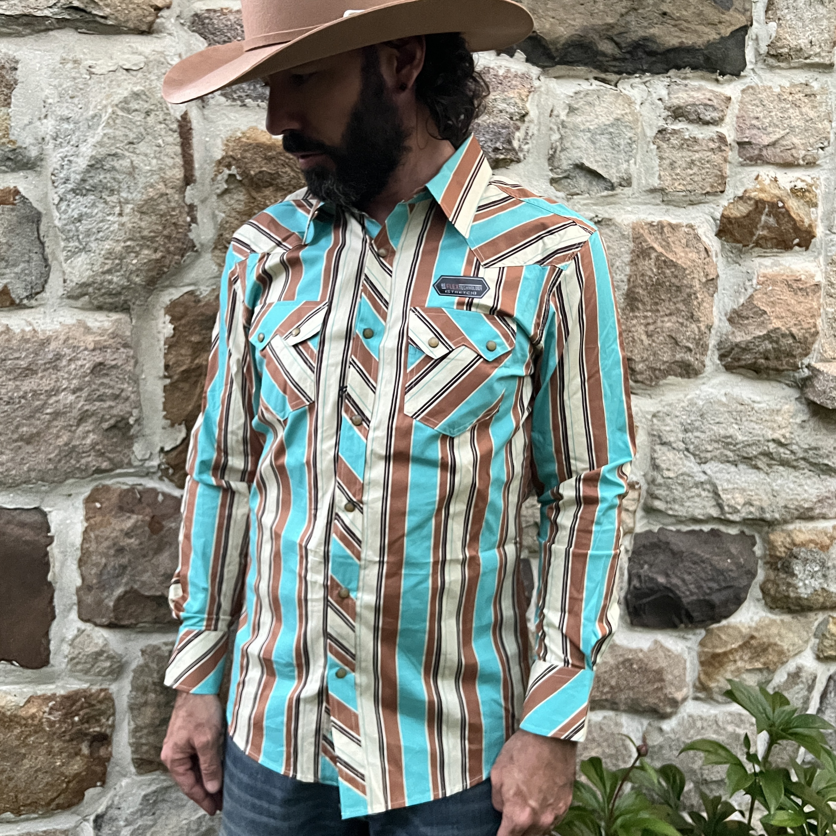 Rock & Roll Men's Teal & Brown Stripe Long Sleeve Snap Shirt