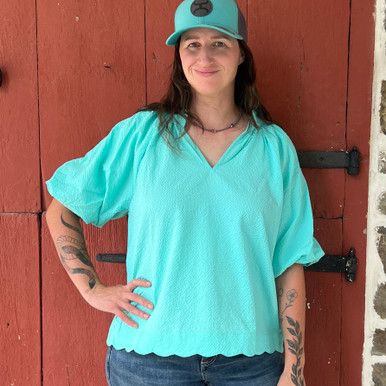 Ladies Mint Bubble Sleeve Scallop Hem Blouse - Stockyard Style