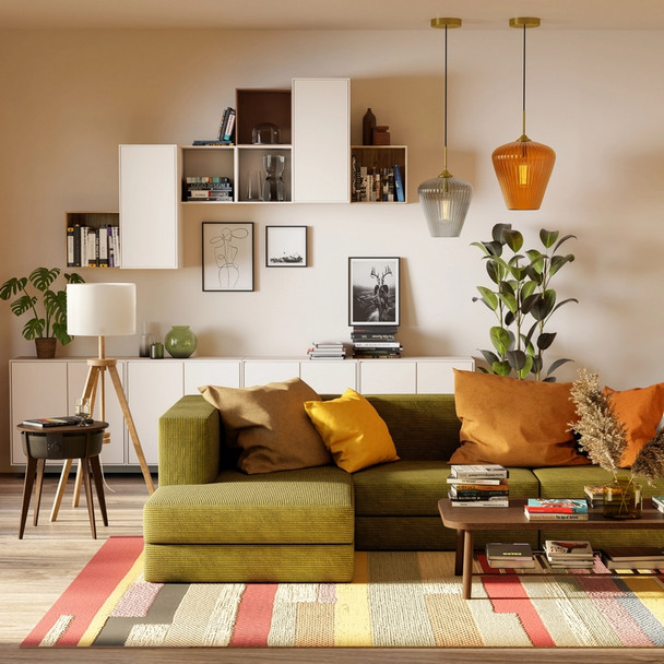 Calibo Ribbon 23cm Blue Ribbed Glass Hanging Pendant
