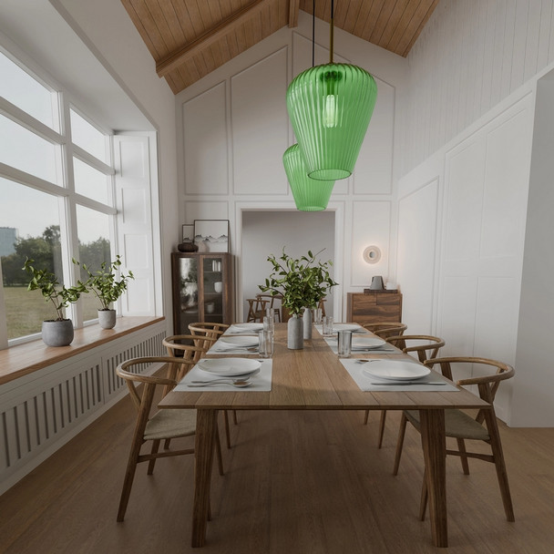 Calibo Ribbon 23cm Green Ribbed Glass Hanging Pendant