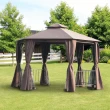 3 x 3m Hexagon Garden Gazebo with 2-Tier Roof & Side Panels – Brown Outdoor Pavilion