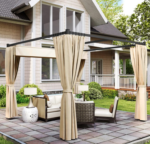 3x3m Adjustable Canopy Pergola with Privacy Curtains - Khaki