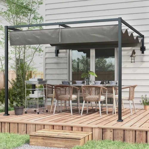 3 × 4m Lean-To Pergola, Steel Frame with Sliding Fabric Canopy – Dark Grey
