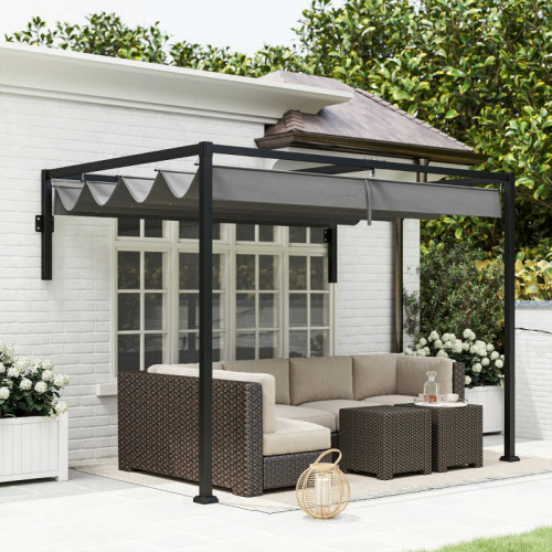 2 x 3m Lean-To Steel Pergola with Retractable Canopy – Grey