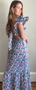 Gisele Midi Dress, Blue and Pink Floral