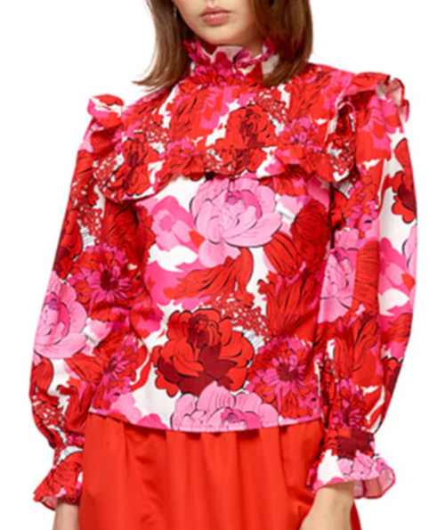 Ruffle Trimmed High-Neck Blouse, Pink Floral