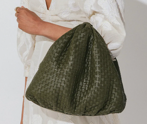 Nia Woven Leather Bag, Olive