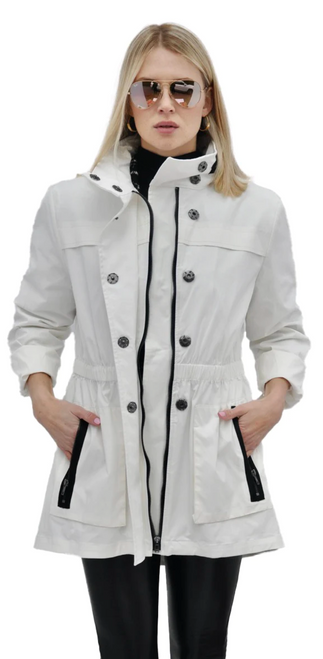 Anna Cinch-Waist Waterproof Jacket, White/Black Rim