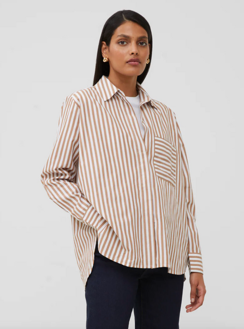Thick Stripe Relaxed Pop Over, Tobacco Brown - Linen White