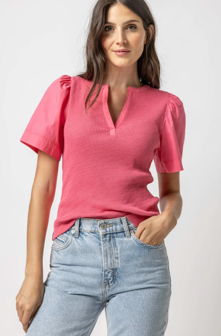 Woven Sleeve Split Neck Top, Rosebud