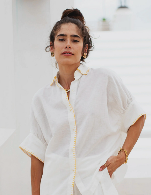 Cas Blouse with Embroidery - White Linen