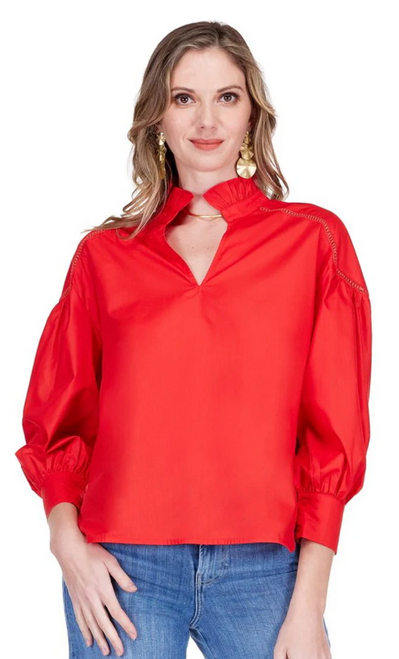 Split Stand Collar Trim Top - Red
