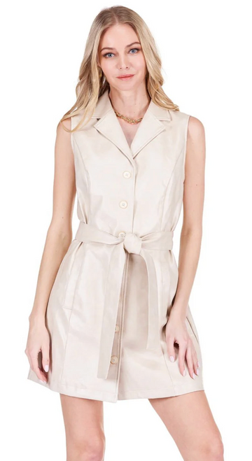 Vegan Leather Sleeveless Dress - Sand
