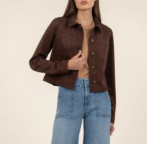 Matilda Crop Trucker Jacket with Patch Pockets - Chocolate Matilda Crop Trucker Jacket with Patch Pockets - Chocolate