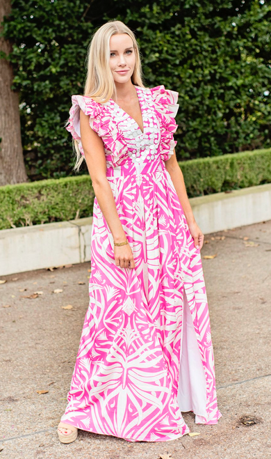 Stacey Dress, Hot Pink + White Boho Leaves
