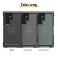 Three Galaxy S23 Ultra phone cases in black, gunmetal, and stone green.