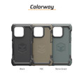 Three iPhone 16 Pro cases in black, FDE, and stone green.