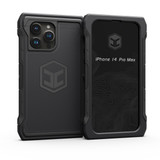 The front and back of a black iPhone 14 Pro Max phone case.