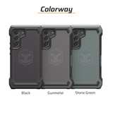 Three S23 phone cases in black, gunmetal, and stone green.