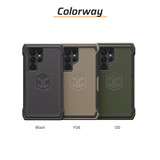Three Galaxy S23 phone cases in black, FDE, and OD green.
