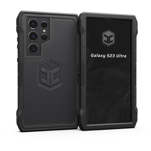 A black Galaxy S23 Ultra phone case.