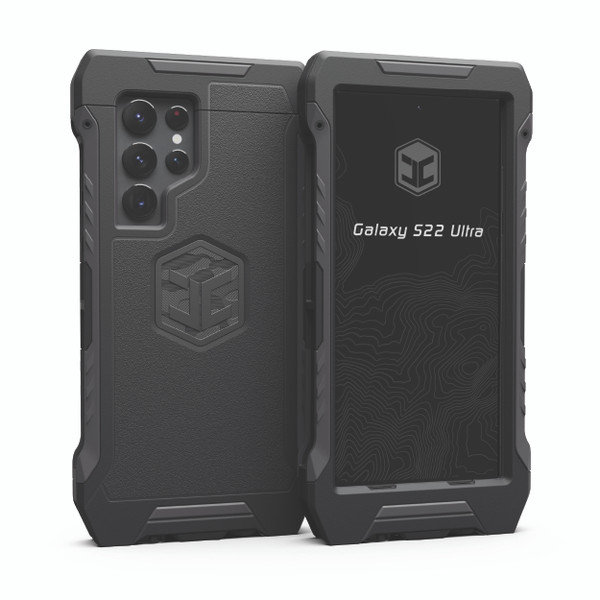 A black Galaxy S22 Ultra case for military.