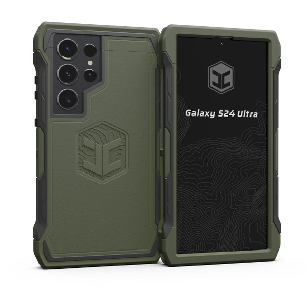 An OD green Samsung Galaxy S24 Ultra case.