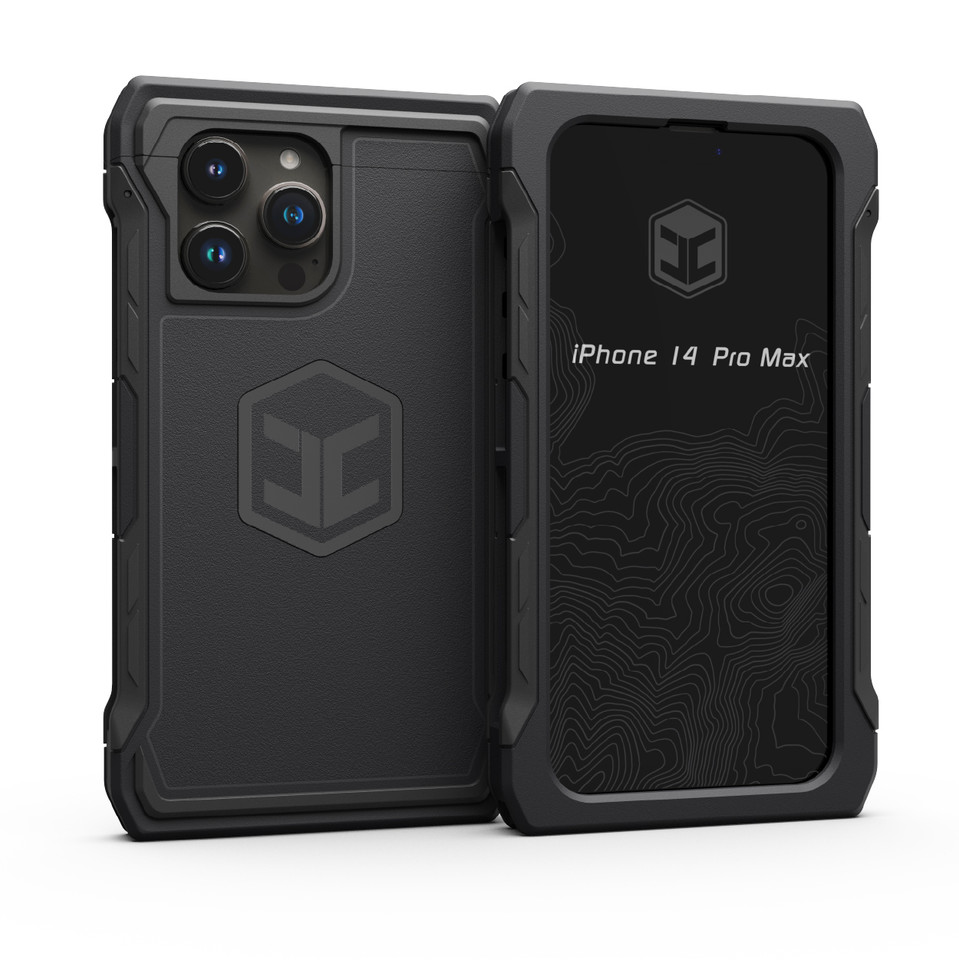 The front and back of a black iPhone 14 Pro Max phone case.