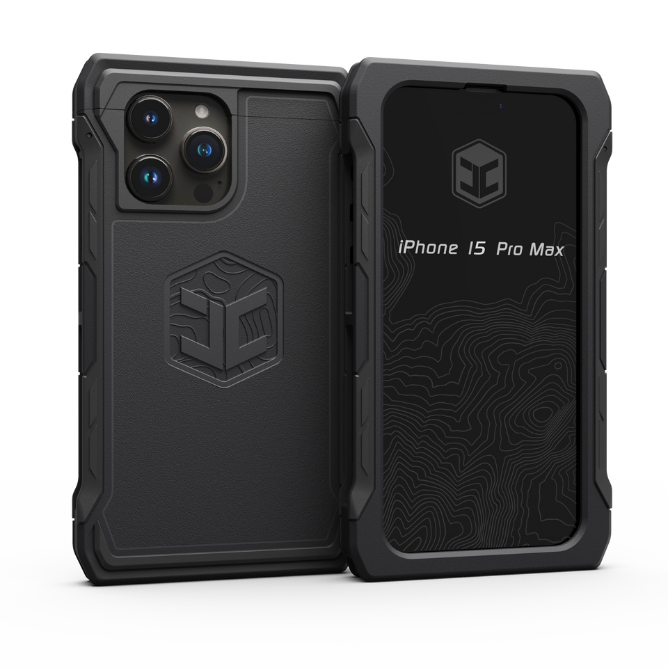 A black iPhone 15 Pro Max phone case.
