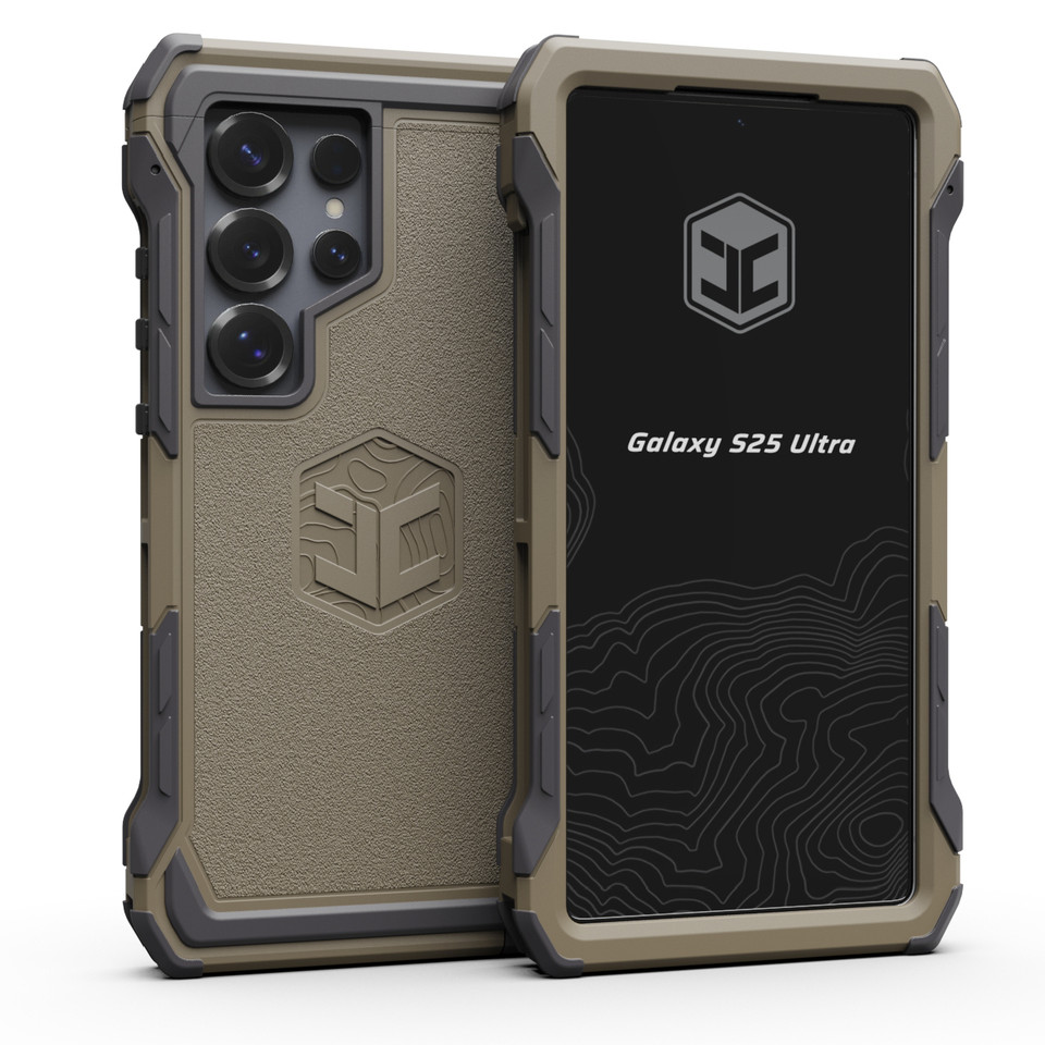A Galaxy S25 Ultra phone case in flat dark earth.