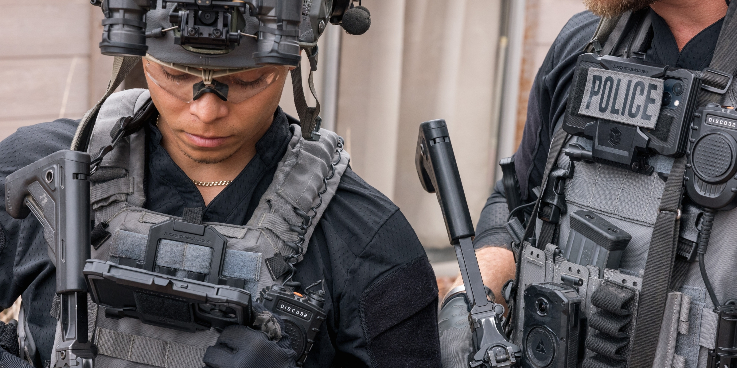 Juggernaut.Case iPhone 15 Pro case options shown in a professional field environment